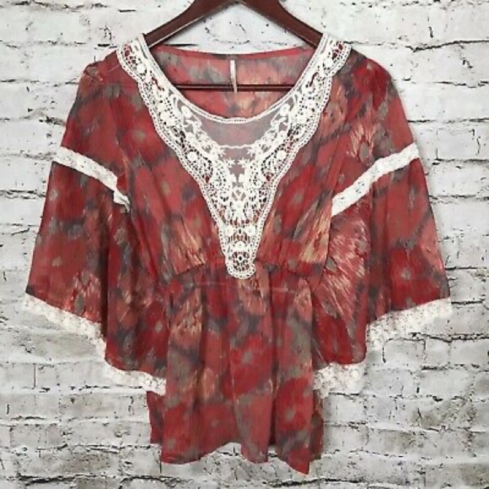 FREE PEOPLE FP Red Print Lace Chiffon Peasant Blouse Shirt Top Size M